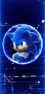 Electric blue wallpaper with animated character and glowing effects.