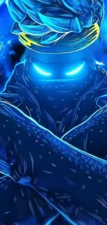 Cyberpunk warrior wallpaper in electric blue with glowing effects.