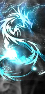 Electric blue dragon with lightning effects and dark background.