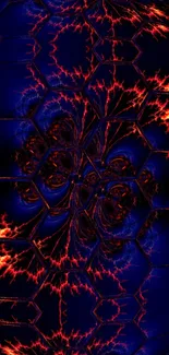 Electric blue fractal with fiery accents and hexagonal pattern background.