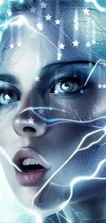 Futuristic female face with electric blue tones and abstract design.