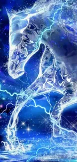 A translucent water horse with blue lightning and stars in an electrifying fantasy scene.