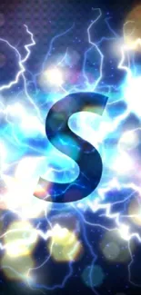 Electric blue letter S with lightning effect in the background.