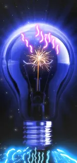 Electric blue lightbulb with vibrant sparks and glowing patterns.