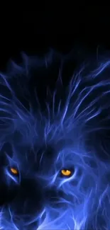 Electric blue lion with glowing mane on a black background.