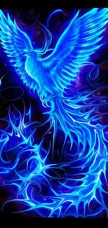 Blue phoenix with flames in a vibrant wallpaper.