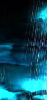 Electric blue rain with vibrant hues falling on a dark background.