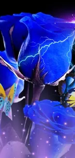 Electric blue roses with butterflies and lightning in a fantasy setting.