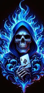 Electric blue skull with flaming effects holding a spade card.