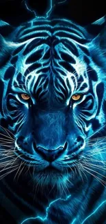 Electric blue tiger glowing in the dark, creating a vibrant and dynamic phone wallpaper.