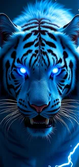 Electric blue tiger with glowing eyes and lightning.