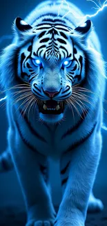 Fierce white tiger with blue glowing eyes and electric effects.