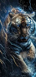 Fierce tiger with electric lightning effect in vibrant blue design.