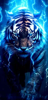 Electric blue tiger with lightning effect mobile wallpaper.