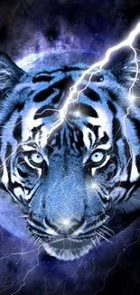 Electric blue tiger with lightning on a dark background.