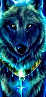 Electric blue wolf with glowing accents in vibrant artwork.