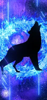 Wolf silhouette in electric blue vortex.