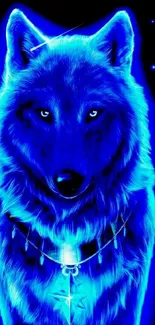 Vivid electric blue wolf with a starry necklace against a dark background.