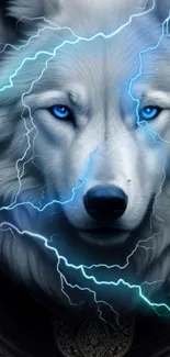 Electric blue wolf with lightning effects on mobile wallpaper.