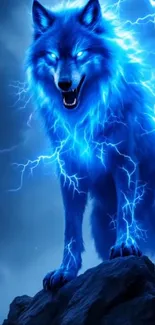 Electric blue wolf with lightning background.