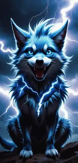 Electric blue wolf with lightning in a stormy sky.