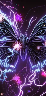 Electric butterfly with neon lightning and vibrant colors on dark background.