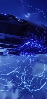 Futuristic electric car with blue lightning background.