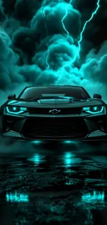 A sleek car in electric blue amidst storm clouds and lightning.