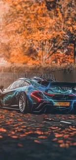 Electric car in autumn setting with neon lights and orange leaves.