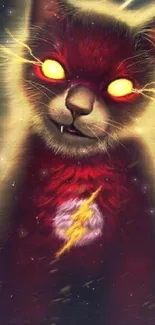 Electric cat with glowing eyes and lightning on a dark red background.