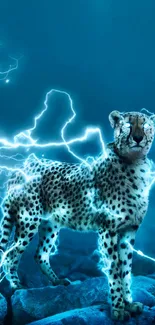 Cheetah with lightning in a blue atmosphere, creating an intense phone wallpaper.