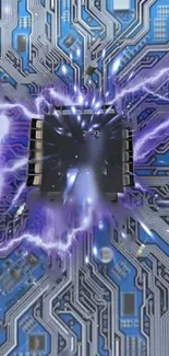 Electrifying circuit board with energy bursts in a tech-themed wallpaper.