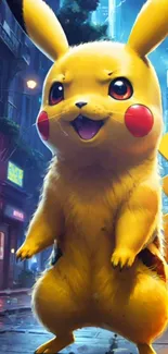 Pikachu in a vibrant city setting wallpaper.