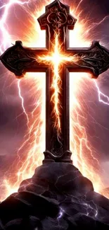 Electric cross with lightning and dramatic sky background.