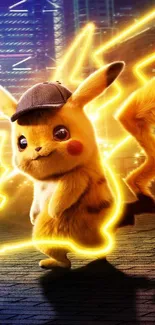 Detective Pikachu with vibrant city lights and yellow sparks.