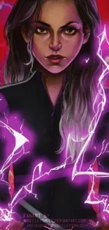 Vibrant mobile wallpaper with a fierce woman and electric purple energy.