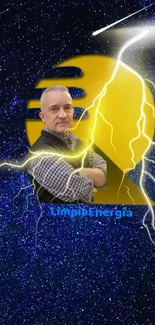 Man in front of lightning with starry background wallpaper.