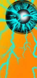 Electric eye with blue lightning on orange background.