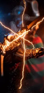 Metallic glove with electric sparks on mobile wallpaper.