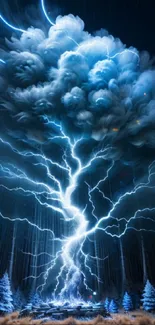 Dramatic lightning storm over a forest, with vibrant blue sky.