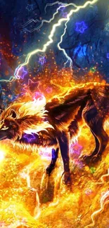 Electric fox surrounded by glowing stars and lightning in a fantasy setting.