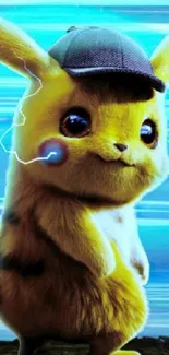 Furry yellow creature with electric sparks on a blue striped background.