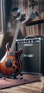 Electric guitar beside amplifier in a cozy room setting.