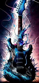 Artistic electric guitar in blue with splashes of vivid color.