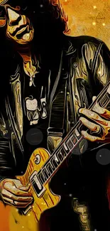 Digital art of a guitarist in a leather jacket with an orange background.