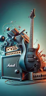 Guitar and amplifier digital art on teal background.