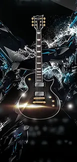 Electric guitar with black and blue artistic design wallpaper.