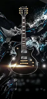 Electric guitar with shattered glass effect and vibrant lighting on a dark background.