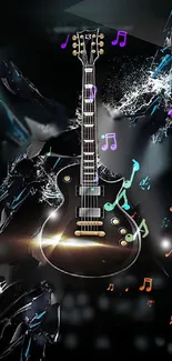 Electric guitar with vibrant musical notes in fantasy art.