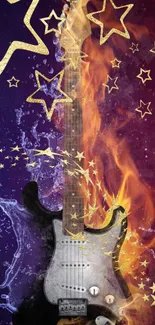 Guitar with fire and water effects, surrounded by stars.